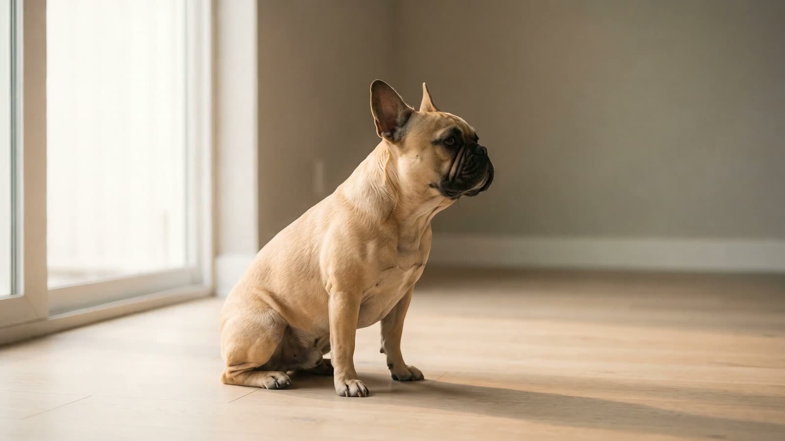 A fawn French Bulldog sitting calmly in a sunlit room