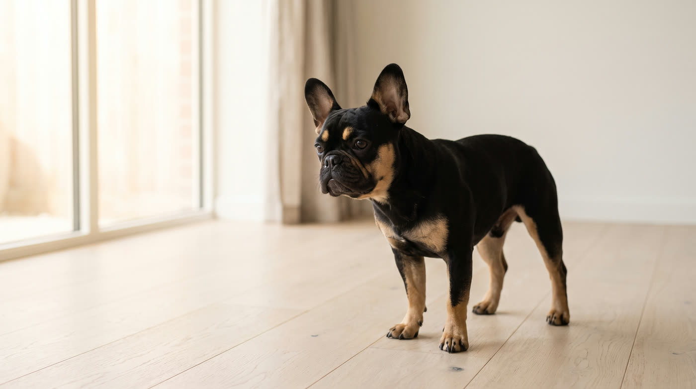 A black and tan French Bulldog: black coat with tan markings above the eyes, on the cheeks, chest and lower legs