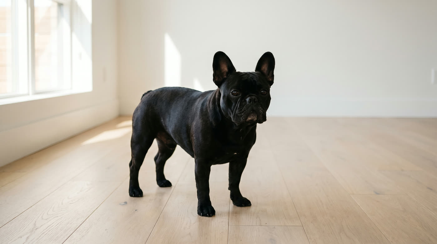 A solid black French Bulldog with no brindle striping or tan markings