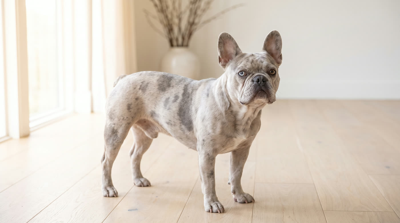A blue merle French Bulldog: pale silvery grey with mottled darker slate patches and pale blue eyes
