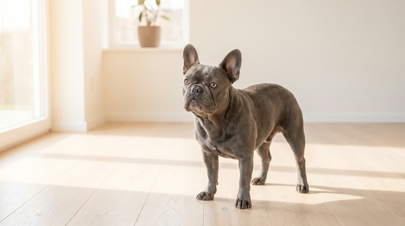 A blue French Bulldog: slate grey coat with a grey nose and eye rims rather than black