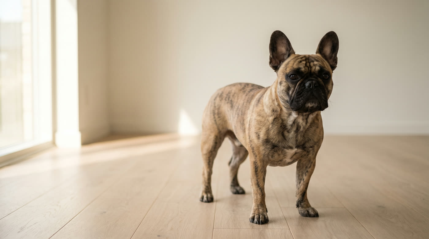 A brindle French Bulldog, shown before the interactive 3D model is loaded