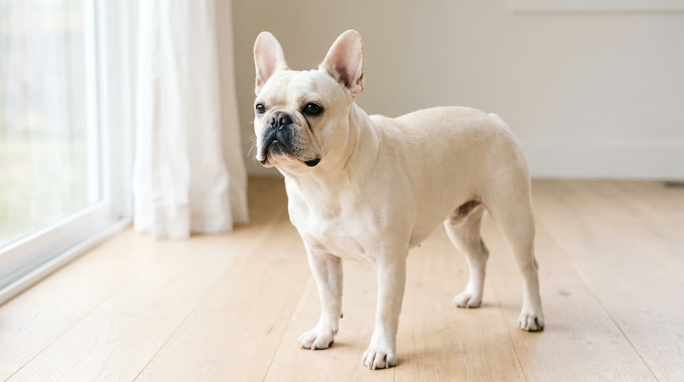 A cream French Bulldog: uniform pale off-white coat with no mask, and black nose and eye rims