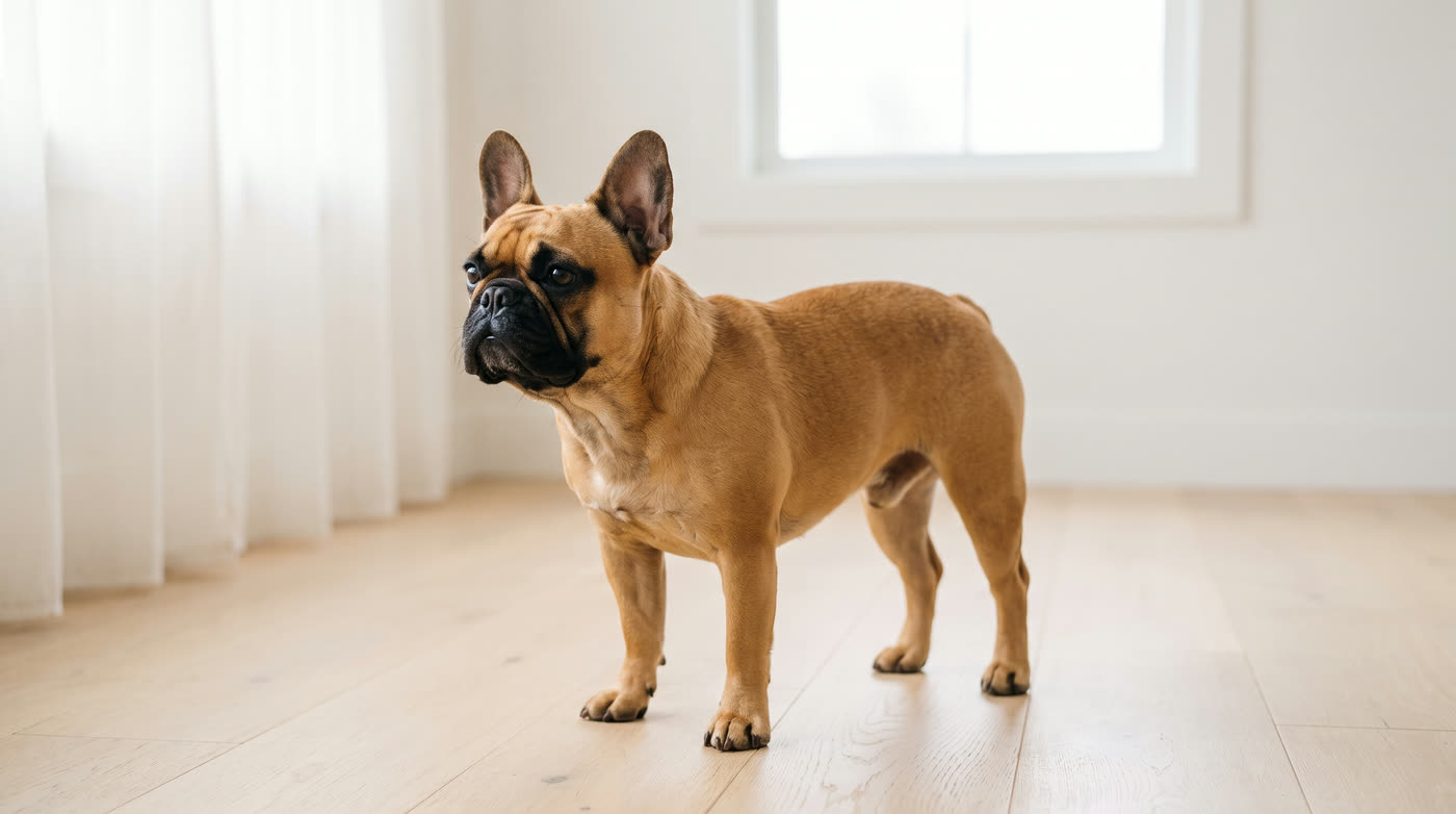 A fawn French Bulldog: uniform warm tan coat with a black mask and black nose