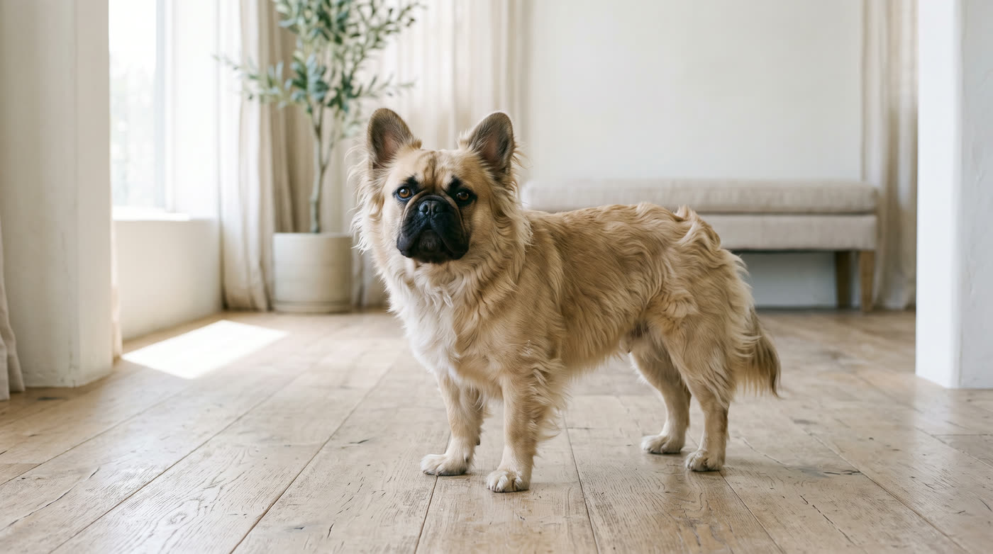 A fluffy long-coated French Bulldog with visible feathering around the ears, chest and hindquarters