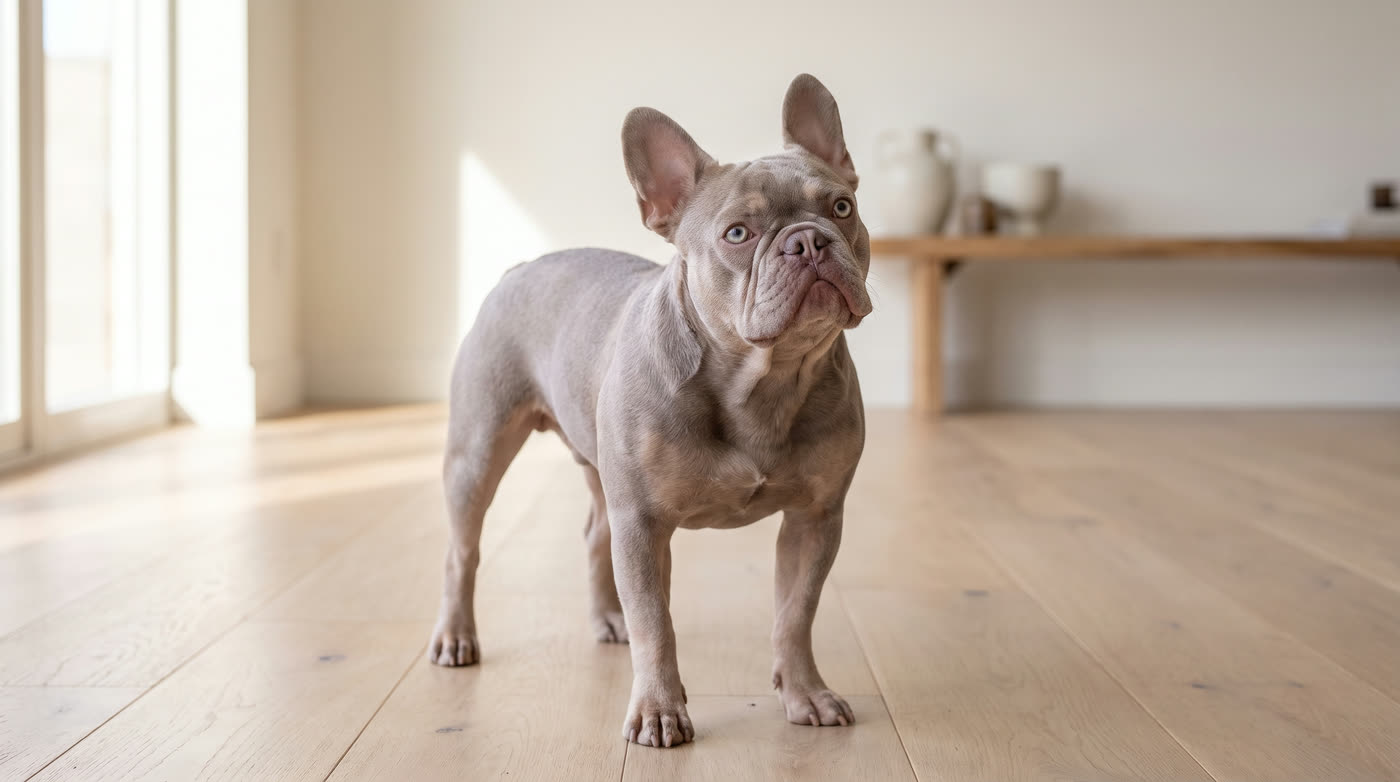 A lilac French Bulldog: pale silvery mauve-grey coat with a pinkish-grey nose and pale eyes