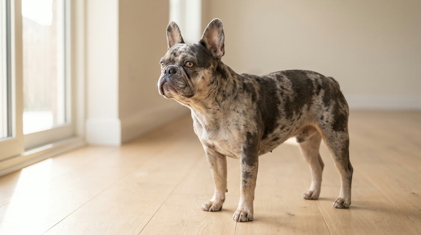 A merle French Bulldog: irregular darker patches mottled across a lighter ground