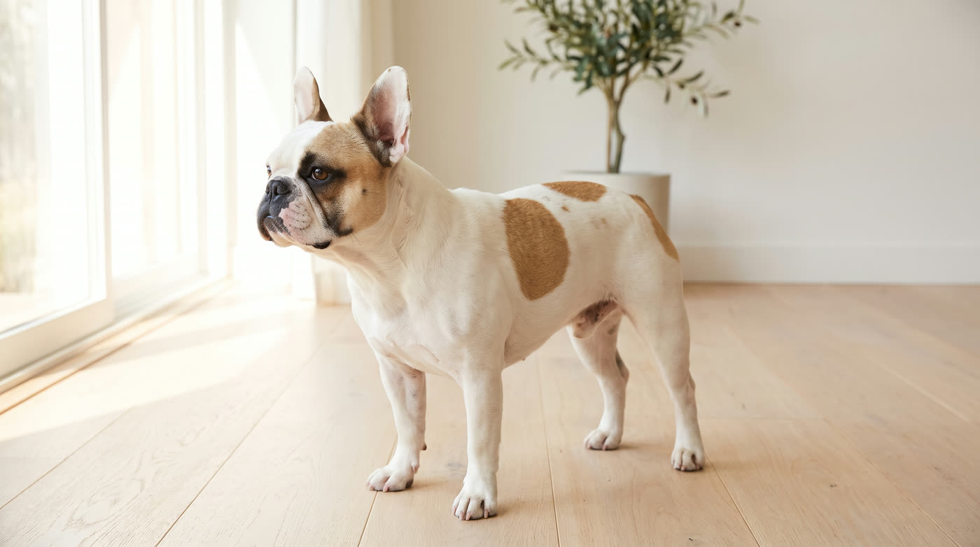 A pied French Bulldog: predominantly white coat with distinct fawn patches